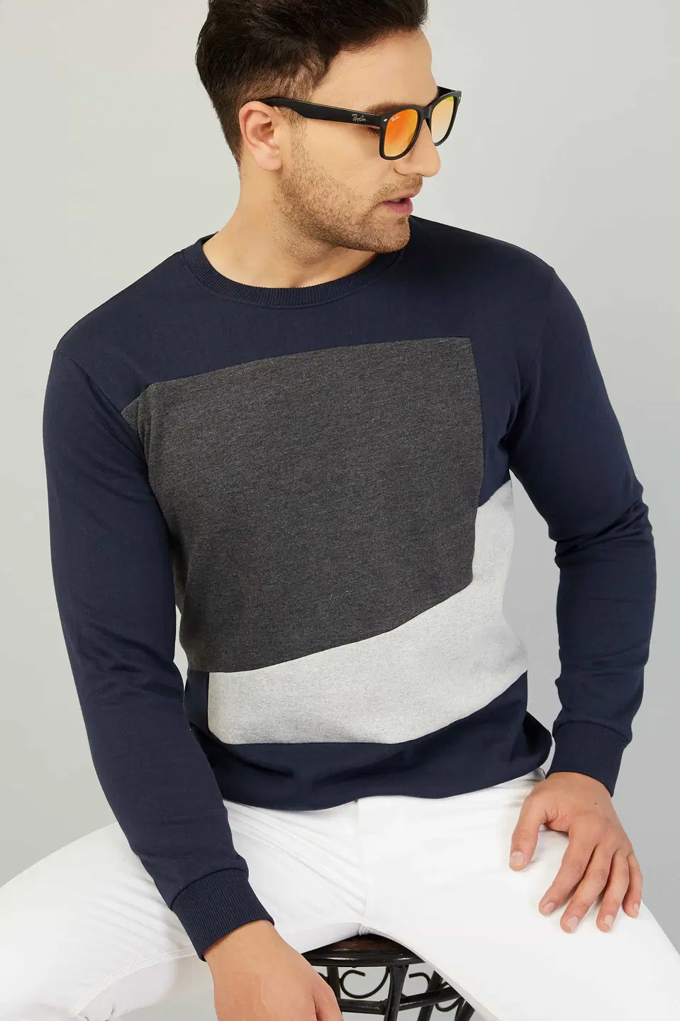 GESPO Mens Full Sleeve Colour Block Sweatshirt (Blue, M) (S74)