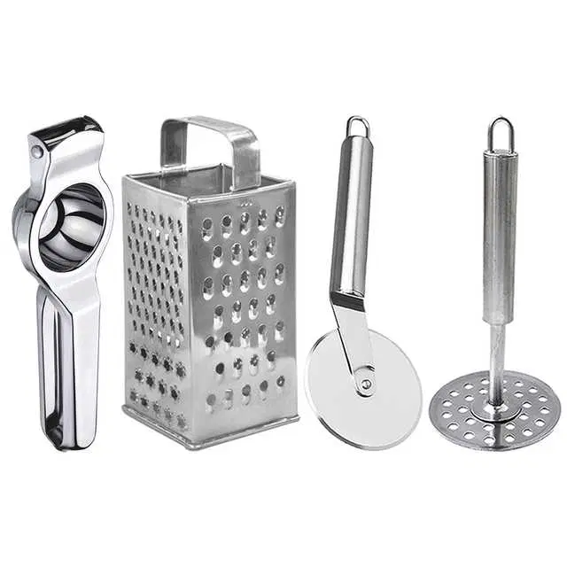 Oc9 Stainless Steel Lemon Squeezer & 4 in 1 Grater Or Slicer & Pizza Cutter & Potato Masher Kitchen Tool Set, O-149