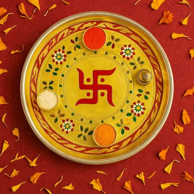 Pooja Thali with Swastik Design with Kumkum, Haldi and Rice Holders (Pack of 1)