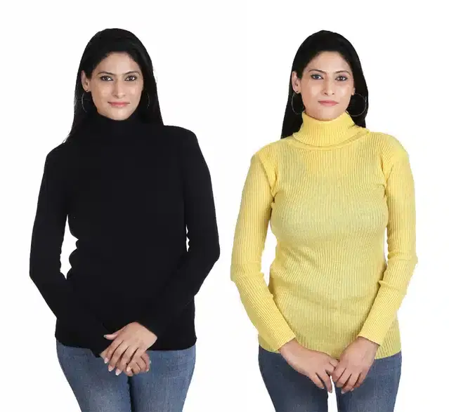 Full Sleeves High Neck Sweater for Women, Pack of 2 (Black & Yellow, S)