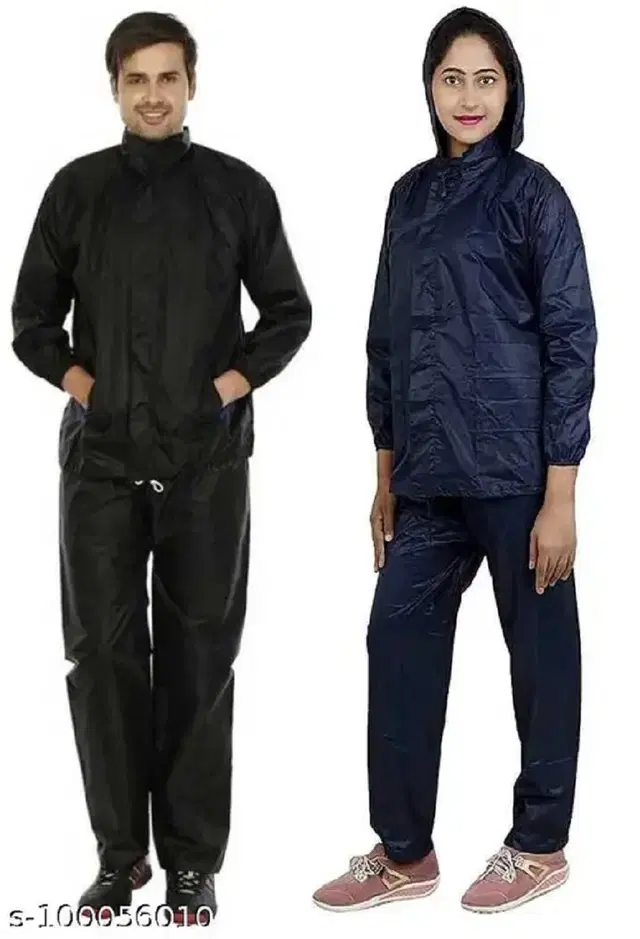 Polyester Rain Suit for Men & Women (Navy Blue & Black, XXL) (Set of 2)