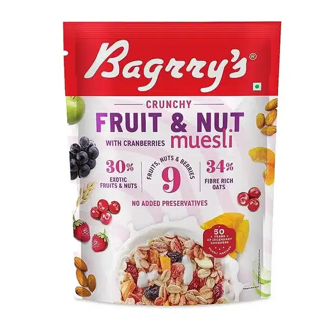 Bagrry's Crunchy Muesli 30% Fruit & Nut with Cranberries | 34% Rich Fibre Oats 375 g