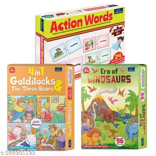 Action Words + 4 In 1 Goldilocks And Three Bear + Era Of Dinosaur| Set of 3 - Engaging Puzzle Learning Fun for Kids!
