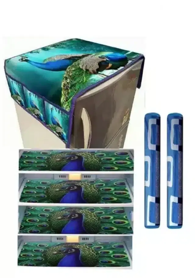 Knit Printed Fridge 4 Pcs Mat with 2 Pcs Handle & Top Cover, Peacock, Set of 1