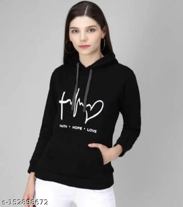 Cotton Blend Printed Hoodie for Women (Black, S)