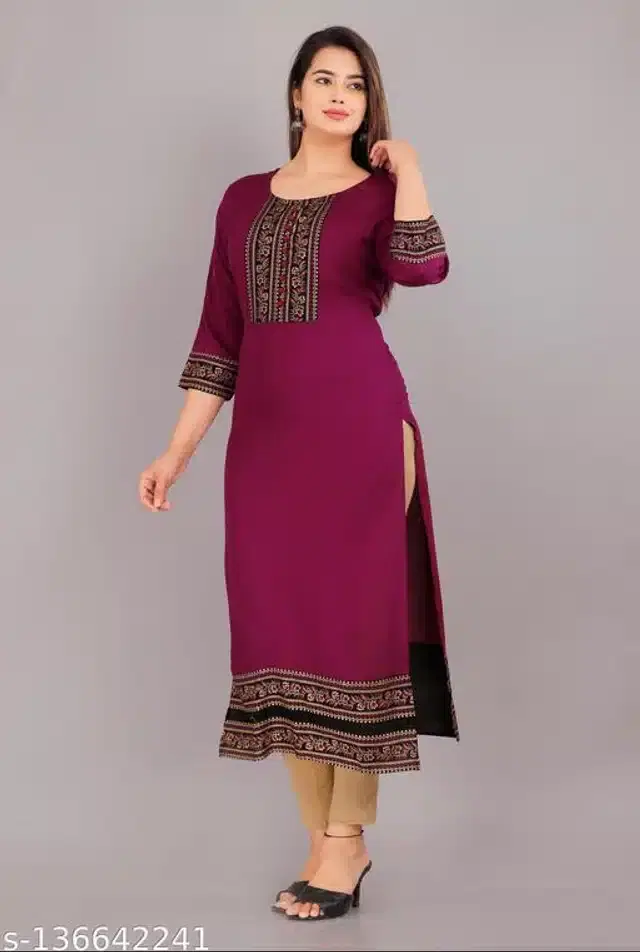Rayon Embroidered Kurti for Women (Purple, L)