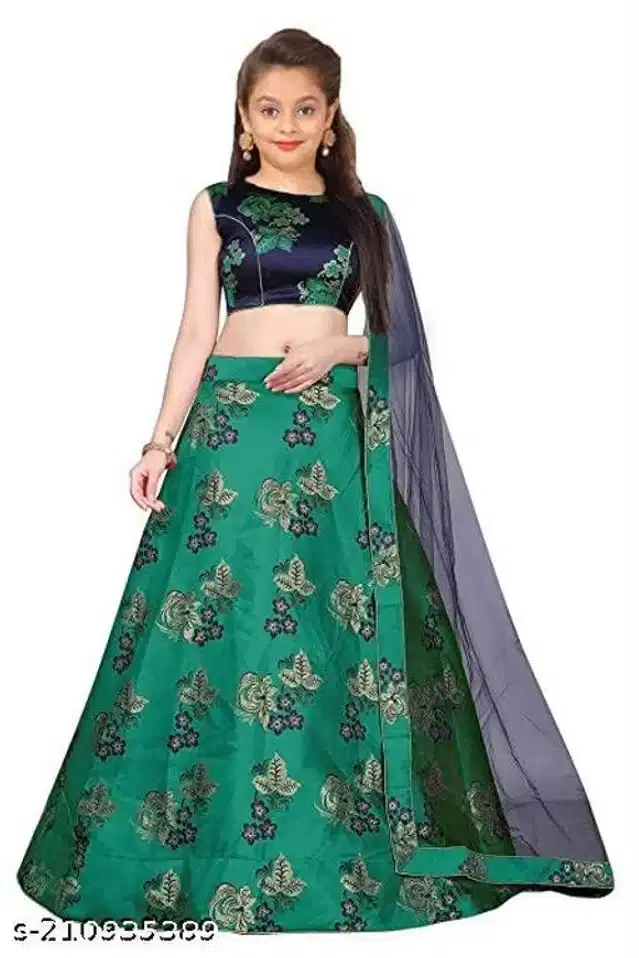 Art Silk Lehenga Choli With Dupatta for Girls (Blue & Green, 13-14 Years)