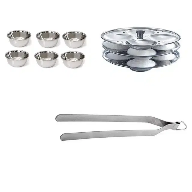 Stainless Steel 6 Chatni Katori, Chimta & Idli Making Stand of 3 Plates, Combo of 3