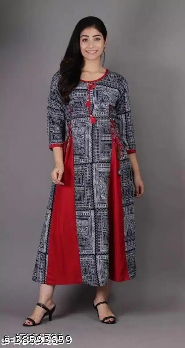 Rayon Printed Gown for Women (Grey & Red, M)