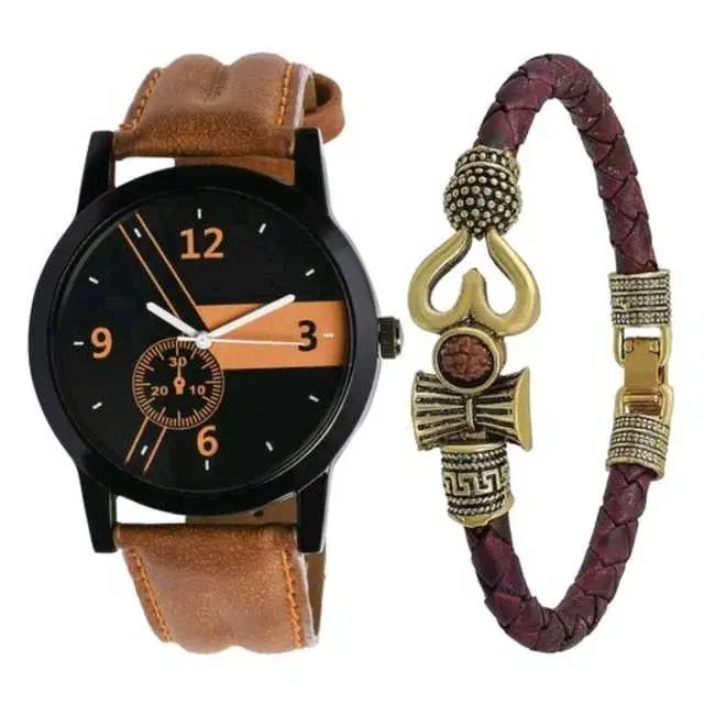 Casual Leather Analog Watch With Bracelet Men, Pack Of 2 (Brown) (MP-472)