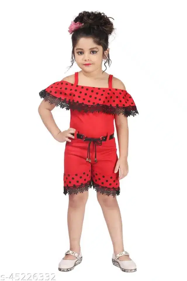 Cotton Jumpsuit for Girls (Red, 2-3 Years)