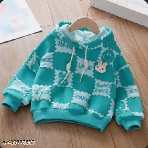 Woolen Printed Hoodie for Girls (Turquoise, 18-24 Months)