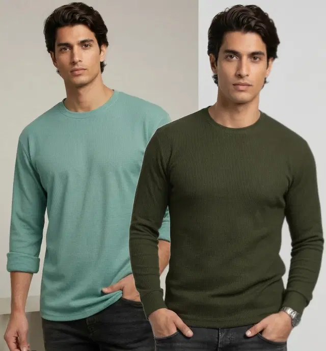Polyester T-shirt for Men, Aqua & Olive, Pack of 2 (M)