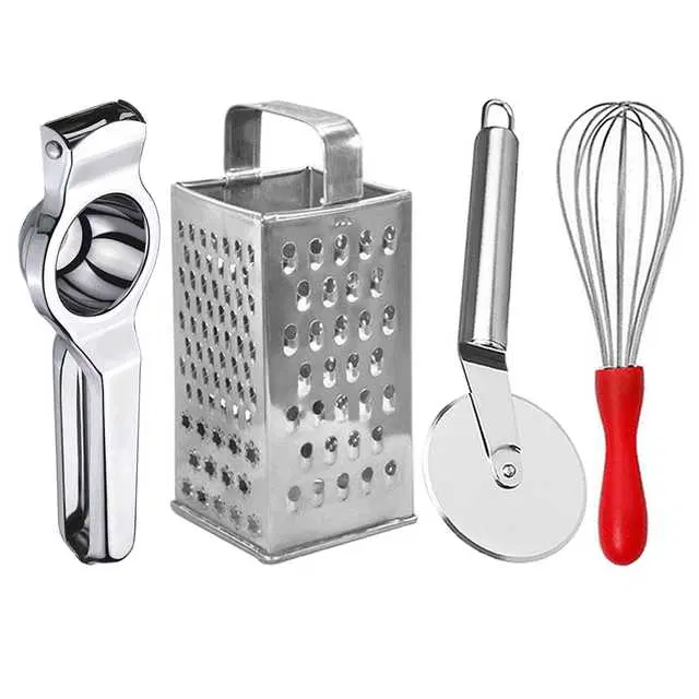 Oc9 Stainless Steel Lemon Squeezer & 4 in 1 Grater Or Slicer & Pizza Cutter & Egg Whisk Kitchen Tool Set, O-126