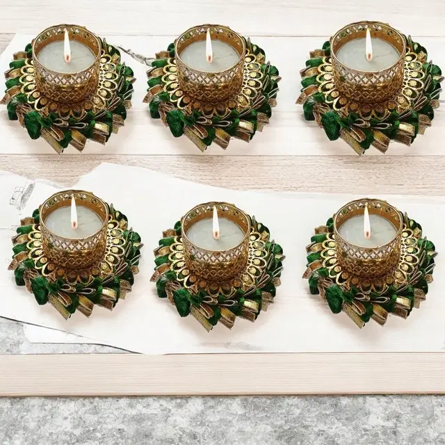 Metal Designer Tealight Candle Holder, Green, 7.2x7.2x2.5 cm, Pack of 6