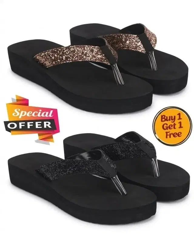 Black & Copper Glitter Strap Pack of 2 Platform Flip-Flops for Women (Black, 7)
