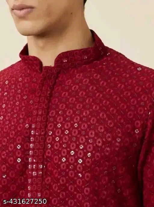 Embellished Mandarin Neck Kurta for Men (Maroon, XXS)