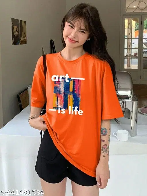 Cotton Blend Printed T-shirt for Women, Orange (XXS)