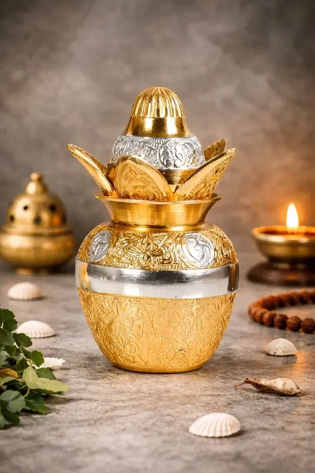 Pooja Kalash With Coconut For Pooja & Decor With Red Velvet Box 16.5x12.5x10cm