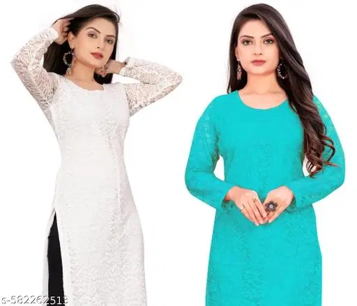Net Kurti for Women,  White & Teal  (S)
