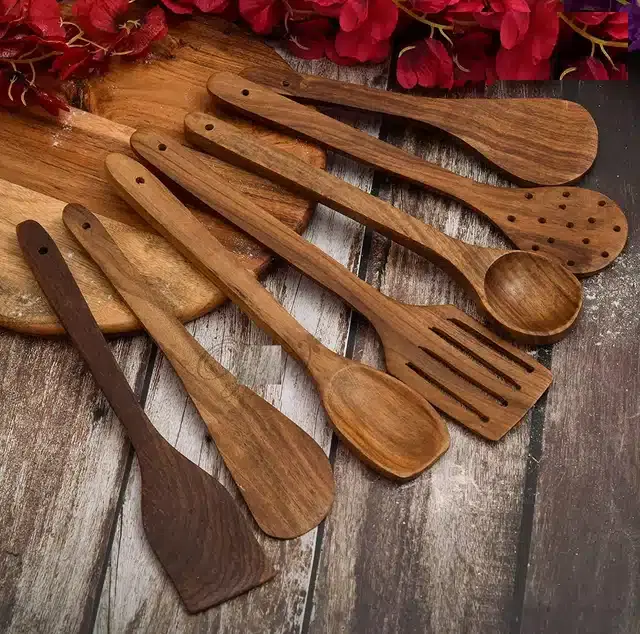 Serving and Cooking Spoon Spatula Set, Brown, Set of 7