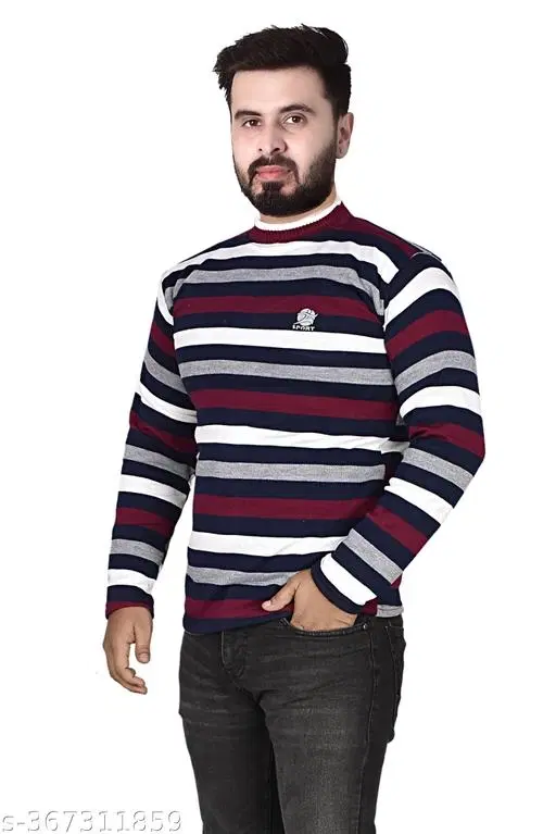 Woolen Striped Sweater for Men (Maroon, XL)