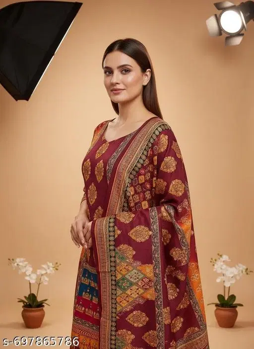 Bandhani Printed Jaipuri Designs Embroidered Top Bottom Duppata for Women (Maroon, Un Stitched)