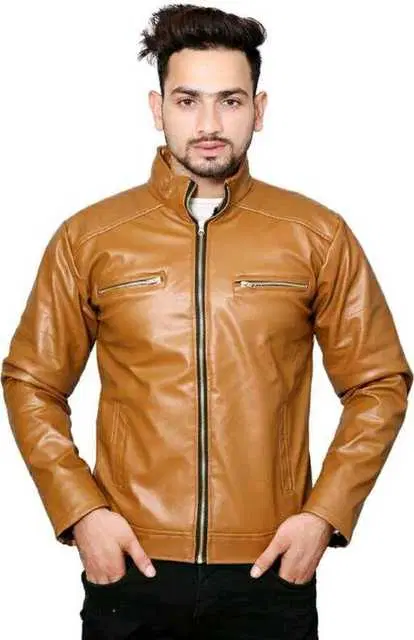 Stylish PU Leather Long Sleeve Jacket for Men (Light Brown, M) (A-21)