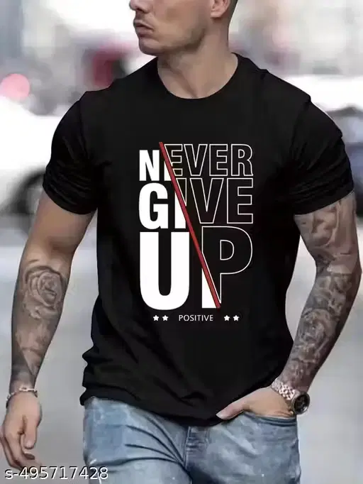 Never Give Up Print Polyester T-Shirt for Men ,Black (M)