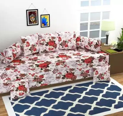 Swadeshi Style PolyCotton Diwan Set with 8 Pieces 1 Single Bed Sheet with 5 Cushions Covers and 2 Bolster Covers, Multicolor, 150 cm X 230 cm, DD-59