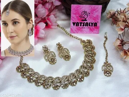 Mehandi Finish Sparkling Partywear Necklace Set for Women (White, Free Size)