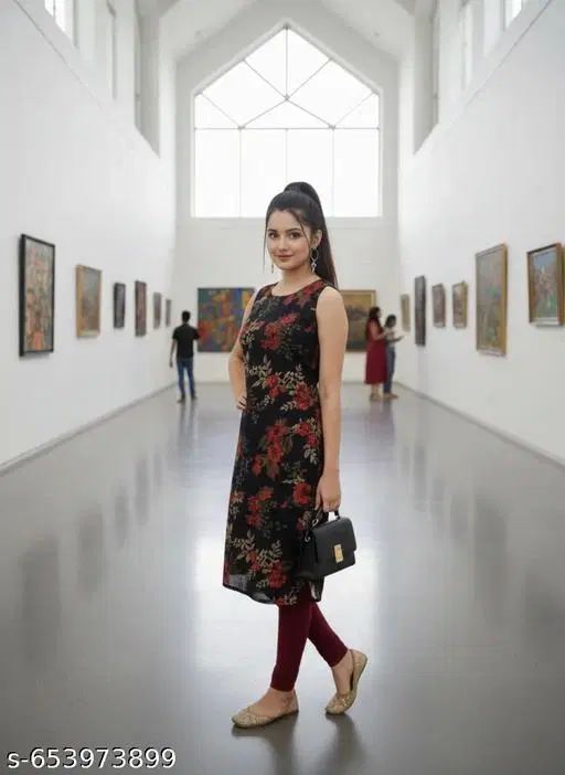 Printed Kurti for Women (Black, S)