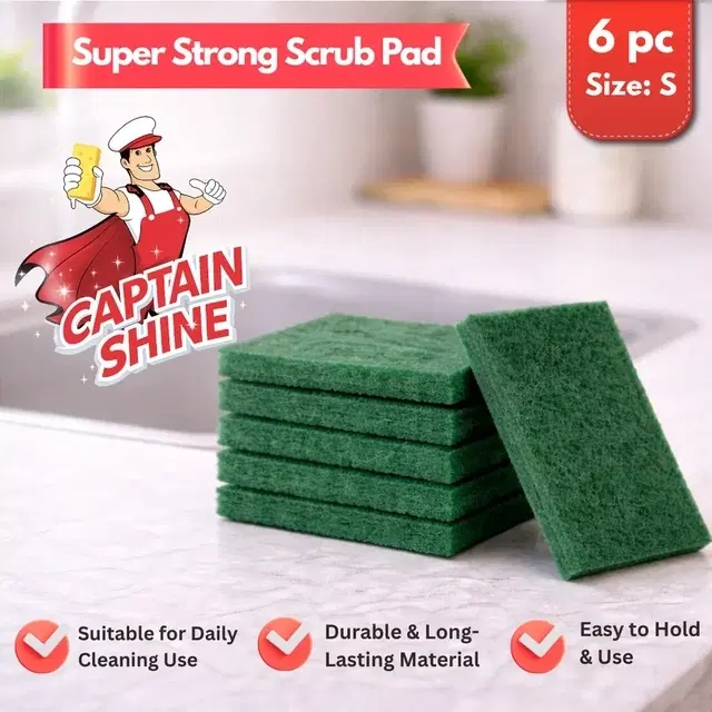 Captain Shine Green Scrub Pad, 7.5 x 7.5cm [6 Pieces] -Small