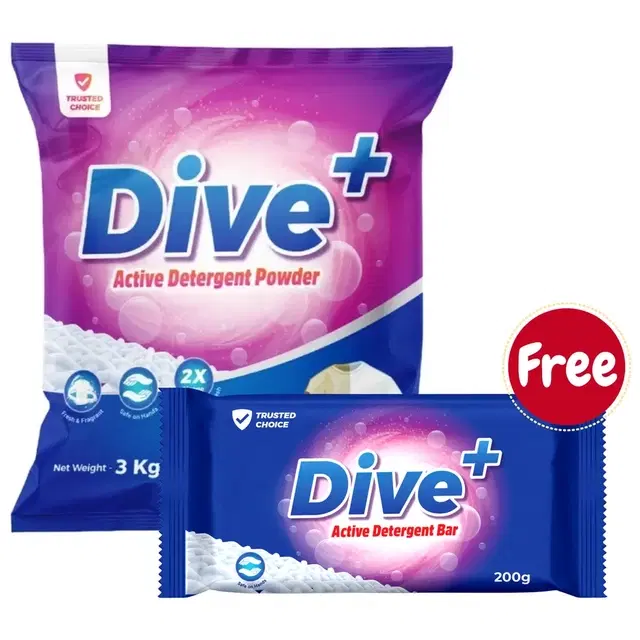 Dive+ Active Detergent Powder 3 kg + Dive+ Detergent Bar 200 g (Free)