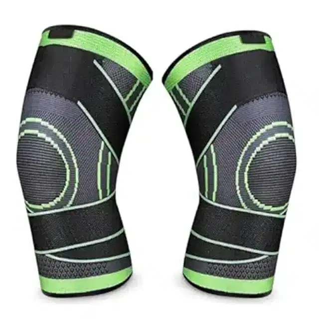 Cotton Elastic Knee Support Sleeves for Men & Women, Green & Black, Pack of 2