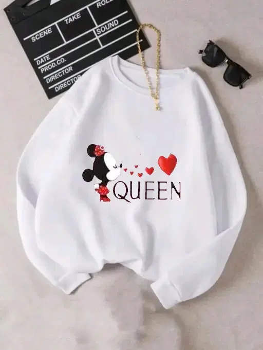 Fleece Printed Full Sleeves Sweatshirt for Women & Girls (White, L)