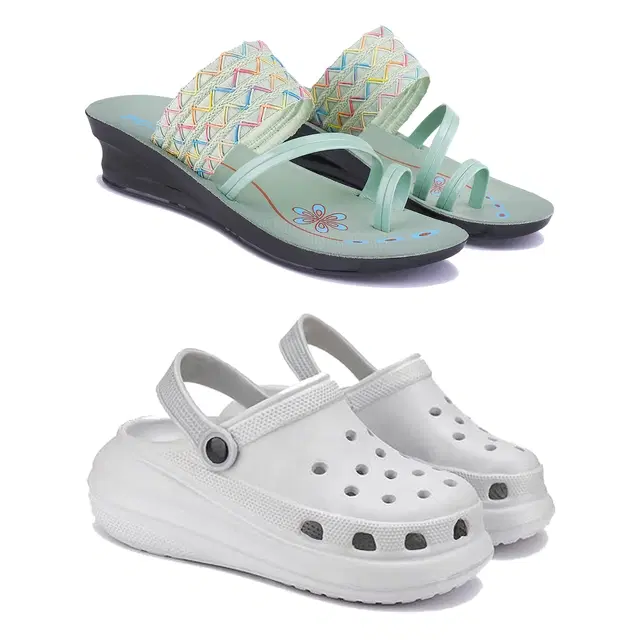 Combo of Sandals & Clogs for Women, Pack of 2 (Mint Green & Grey, 5)