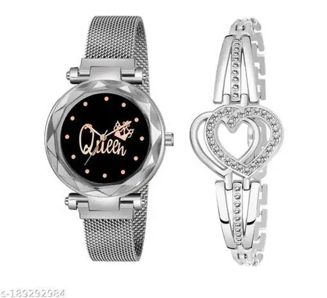 Analog Watch with Bracelet for Women, Set of 2 (Silver)