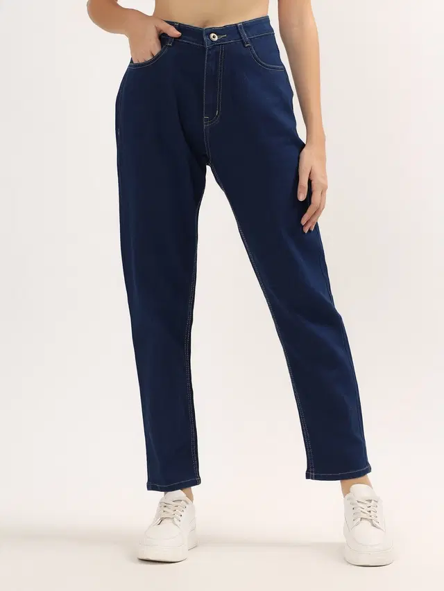 Women Boyfriend Mid Rise Dark Blue Jeans, Dark Blue (28)