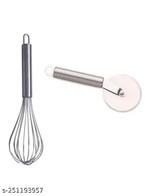Stainless Steel Egg Beater with Pizza Cutter, Silver, Set of 2