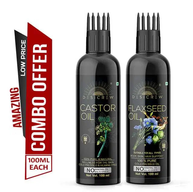 Desi Crew Cold Pressed Pure Castor Oil & Flaxseed Oil, Pack Of 2, 100 ml, KGE-125