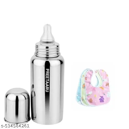 Preetaaru Free Waterproof Baby Bibs 3 Pcs Baby Steel Feeding Bottle 250 Ml