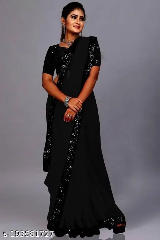 Chiffon Embellished Saree For Women, Black