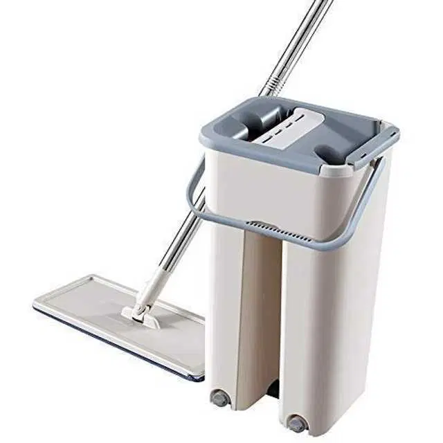 Microfiber Flat Mop With Bucket Cleaning Squeeze Hand Free Floor Mop 2 Reusable Mop Pads Stainless Steel Handle, Kk-015