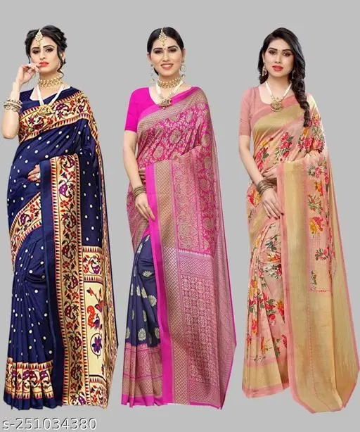 Art Silk Saree for Women, Pack of 3 (Blue, Free Size)