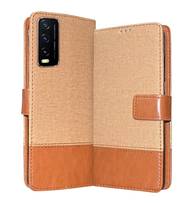 Artificial Leather Mobile Flip Cover for Vivo V2054 / Y20A /Y20S /Y20, Brown