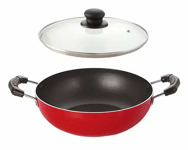 Aluminium Non-Stick 3 mm Thickness Kadhai with Lid, Red