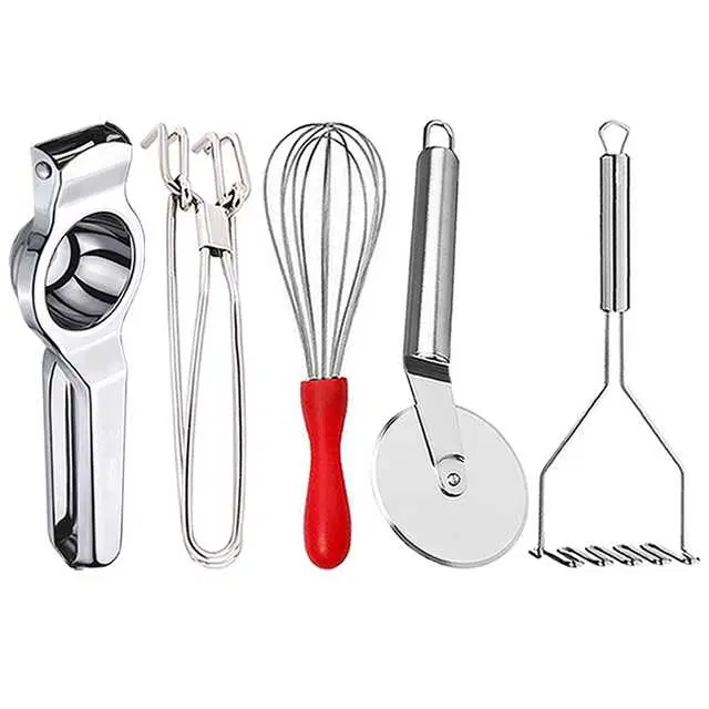 Stainless Steel Lemon Squeezer & Pakkad & Egg Whisk & Pizza Cutter & Potato Masher For Kitchen, Set of 5, OC-069