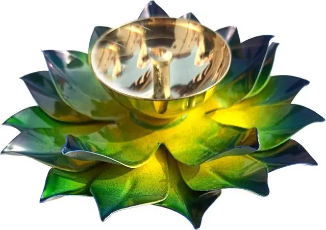 Brass Kamal Patta Akhand Diya for Pooja, Gold, 6 inches