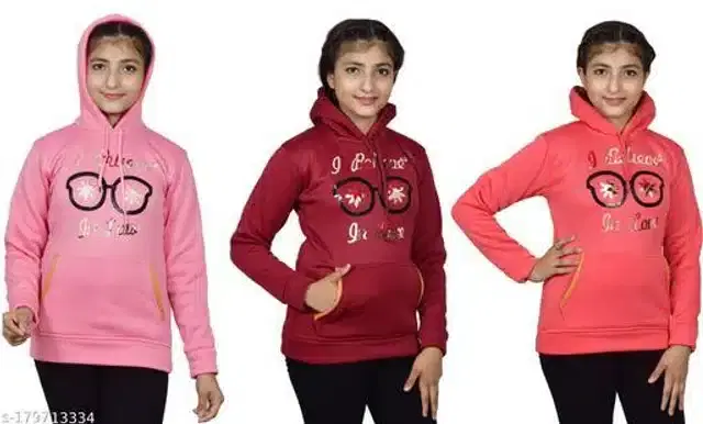 Woolen Hoodies for Girls, Pack of 3 (Multicolor, 10-11 Years)